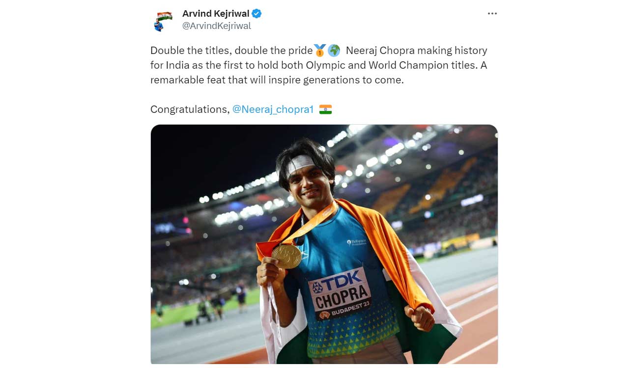 Kejriwal extends congratulations to Neeraj Chopra on historic Athletics Gold win