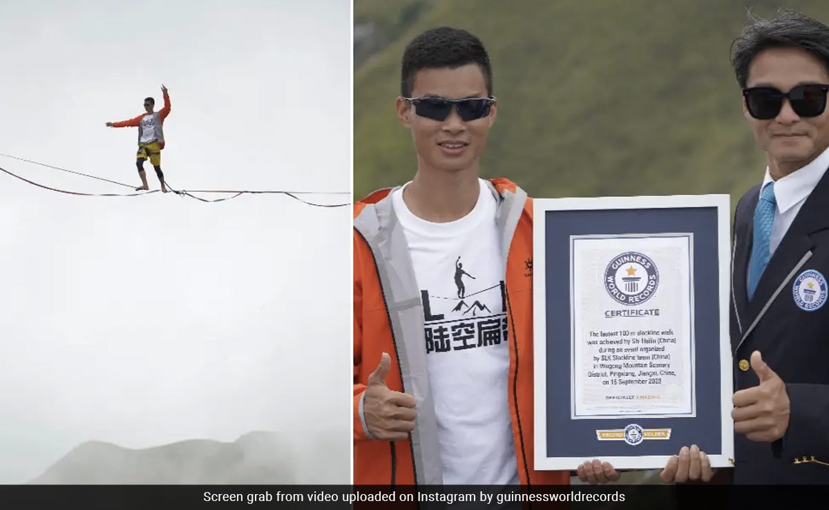 Chinese Athlete Shi Hailin Sets Guinness World Record For 100-Meter Slackline Walk