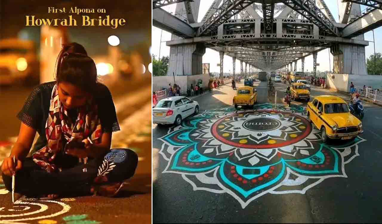 Howrah Bridge comes alive with ‘alpana’ art ahead of Durga Puja