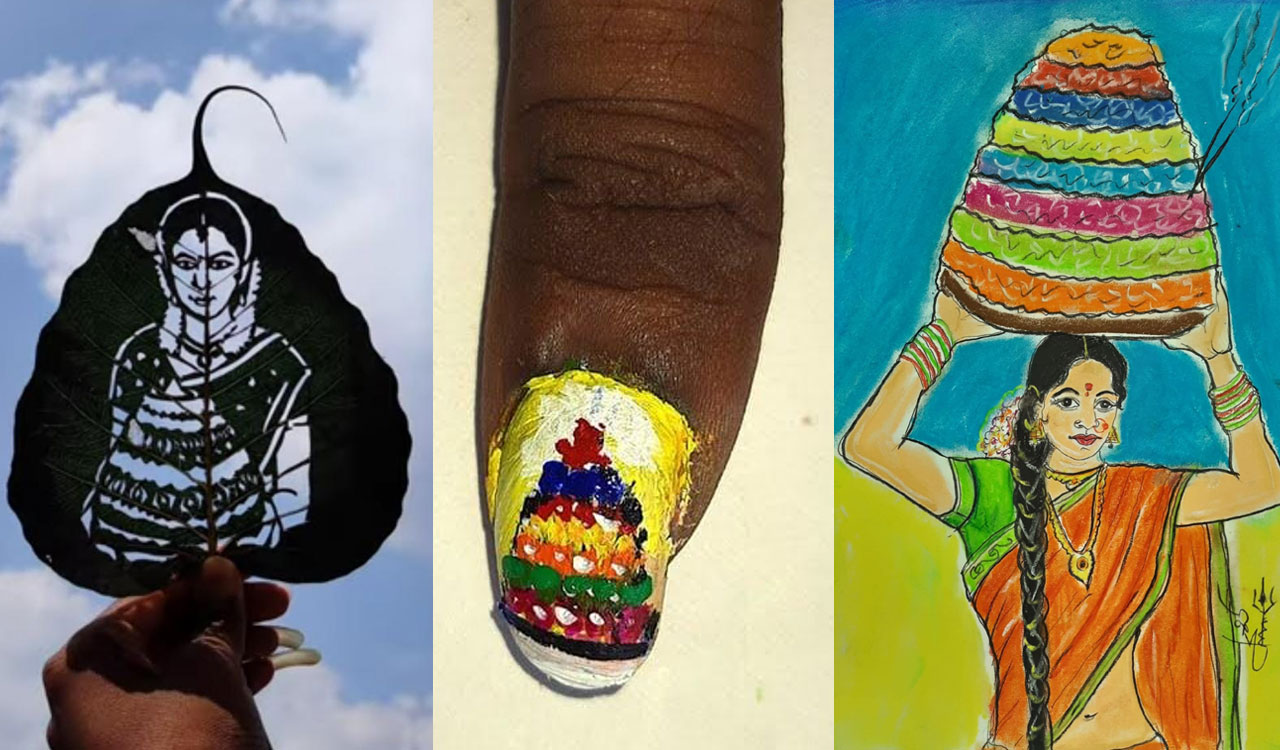 Sangareddy artist draws Bathukamma on nail, leaf and paper