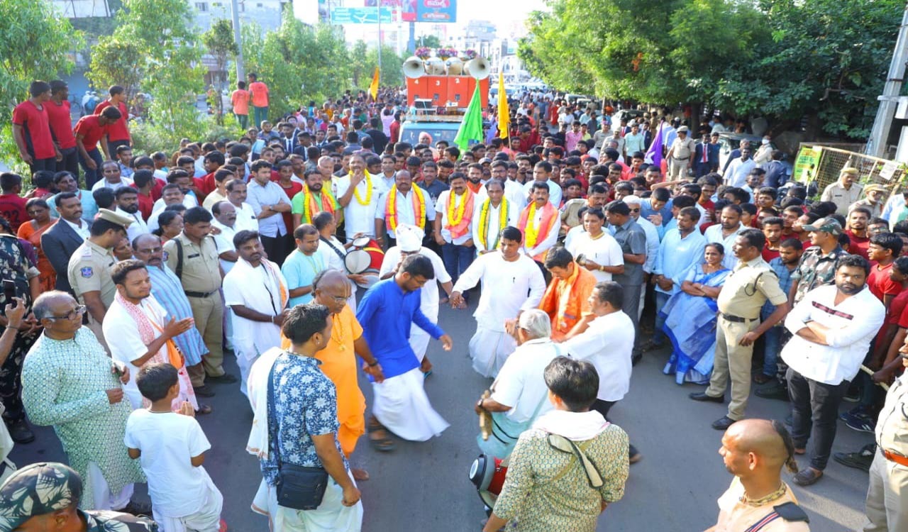 Huge procession ahead of ISKON temple foundation laying in Karimnagar