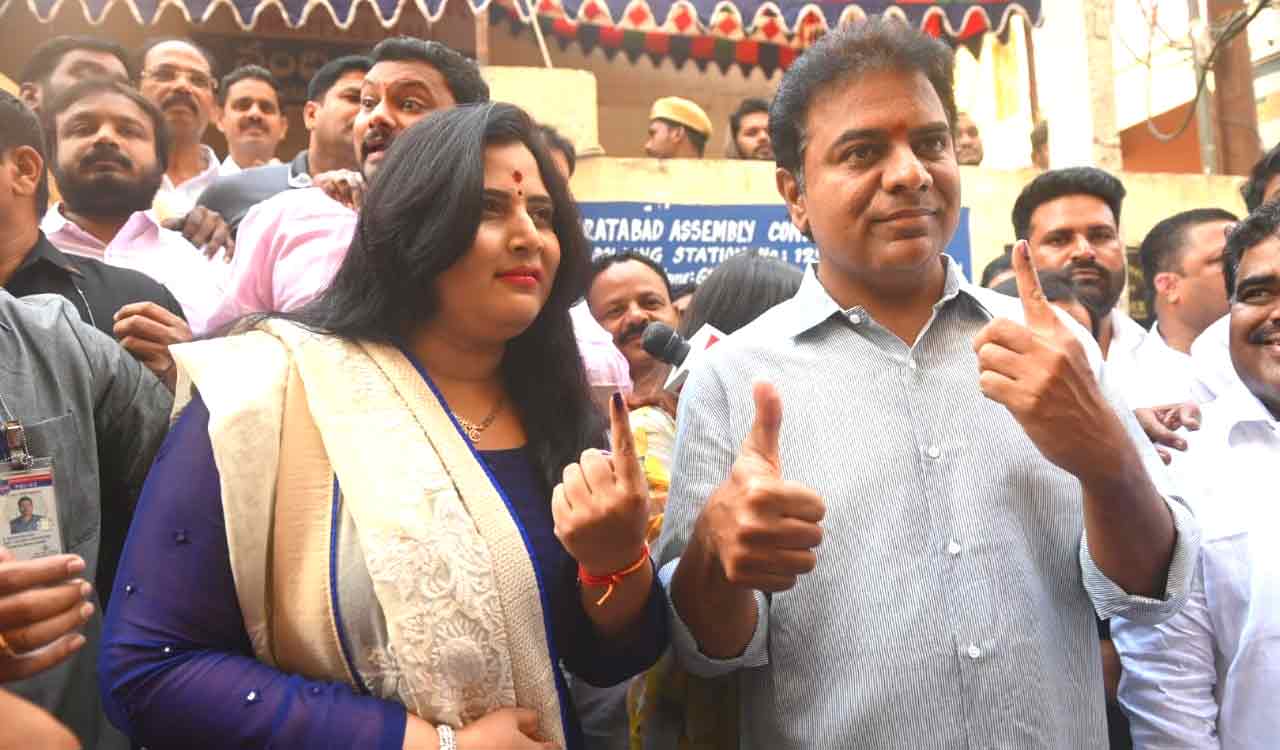 BRS Working President KTR, wife Shailima cast their votes in Banjara Hills