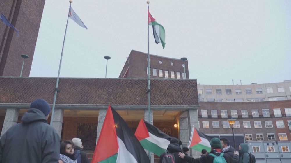 Palestinian flag raised above Oslo City Hall in solidarity with people in Gaza