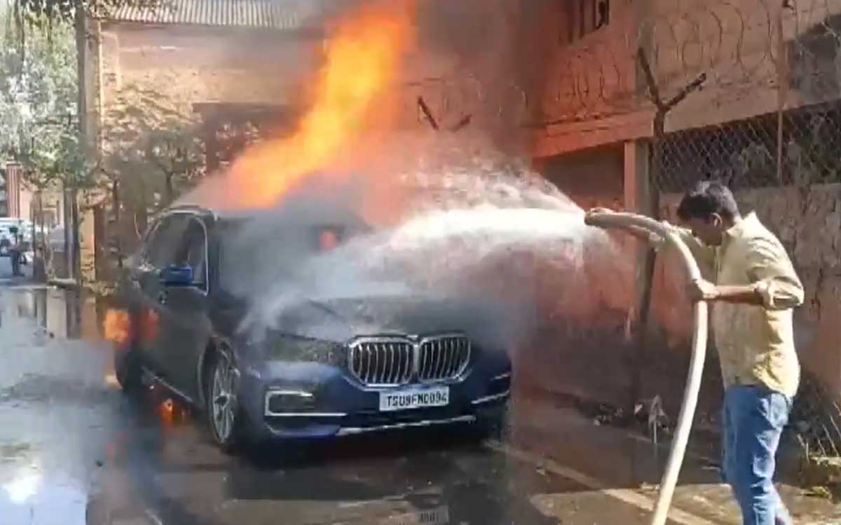 Watch: Luxury car gutted in fire behind Secretariat in Hyderabad