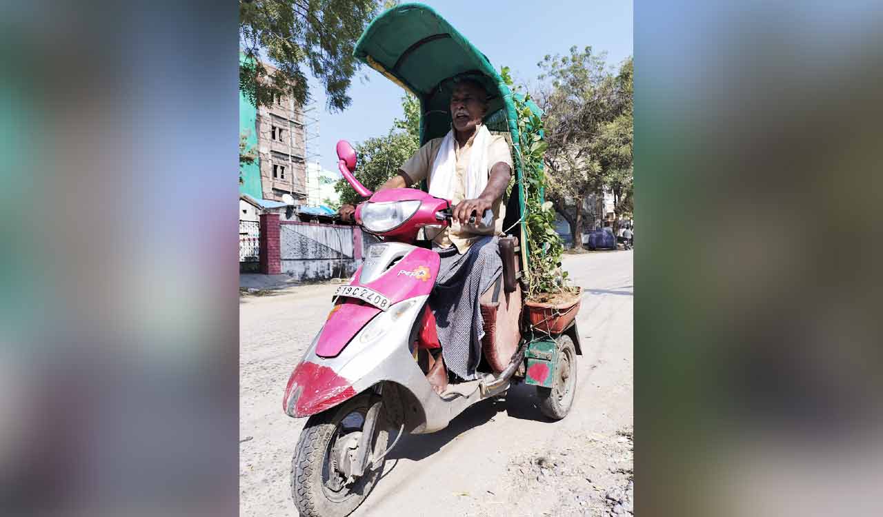 Physically challenged man grows saplings in two bins fitted to four-wheeler