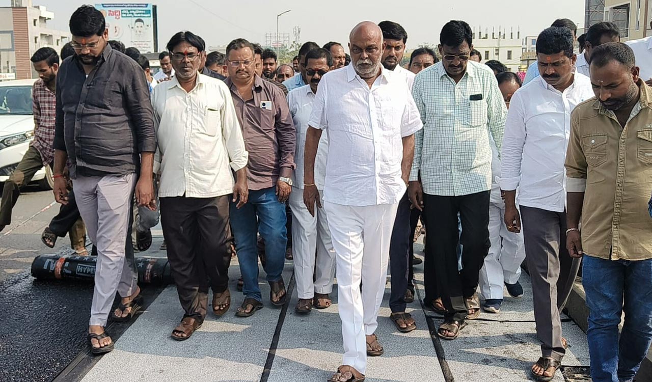 MLA Premsagar Rao inspects repair work on main road in Mancherial