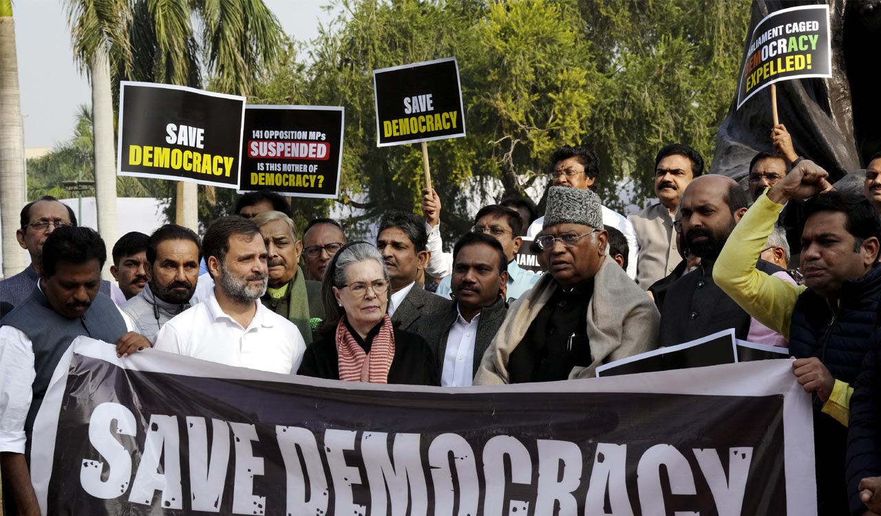 INDIA bloc MPs stage protest in front of Gandhi statue against bulk suspension