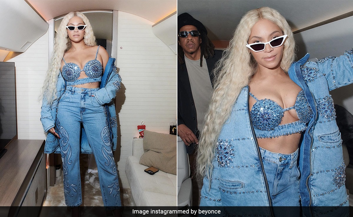 Beyonce Doubles Up The Fashion Quo In A Bedazzled Denim Bralette And Coat