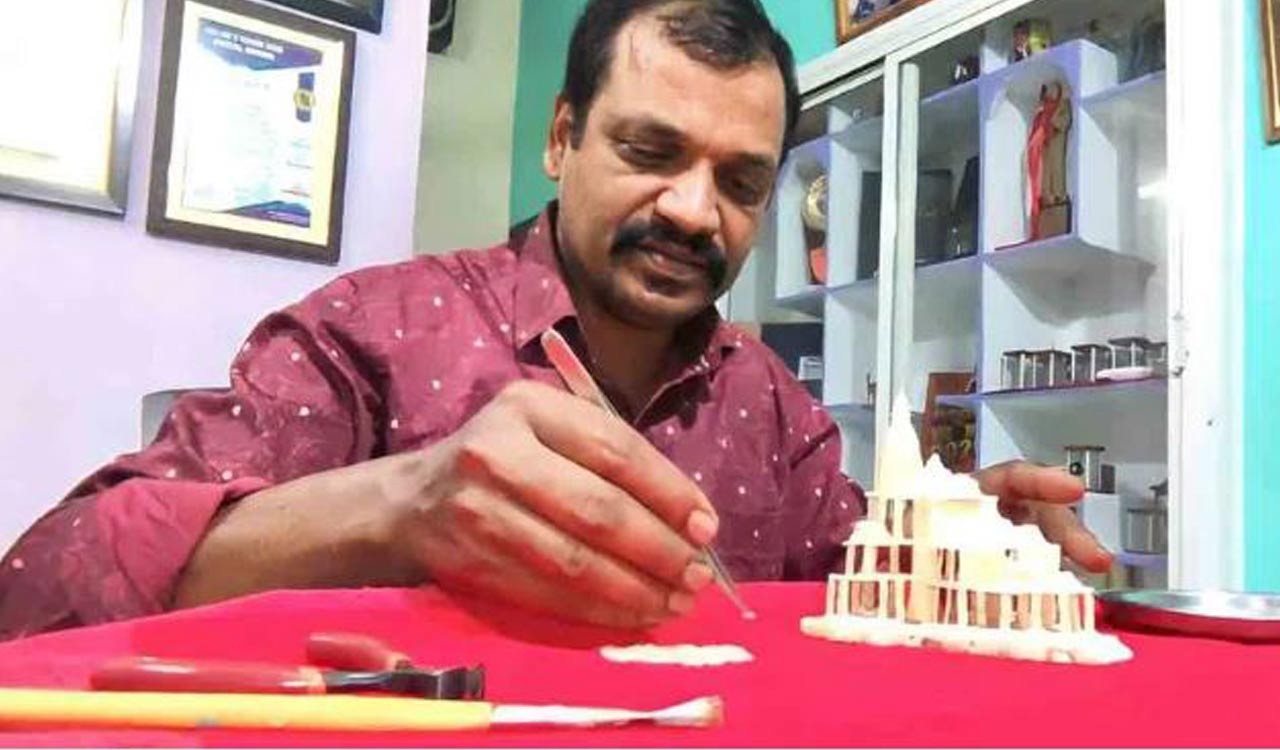 Jagtial man crafts Ayodhya Ram Mandir model entirely from rice grains