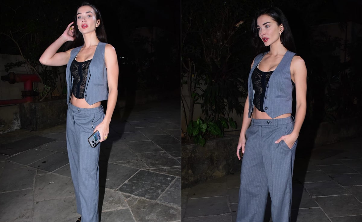 Amy Jackson Aces The Corpcore Trend With Black Corset, Grey Jacket And Trousers In Mumbai