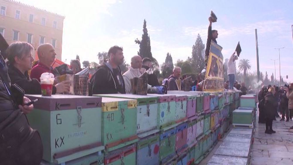 Discontented Greek beekeepers stack hives in front of parliament