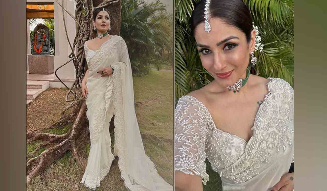 Raveena Tandon is a picture of elegance in white saree for wedding