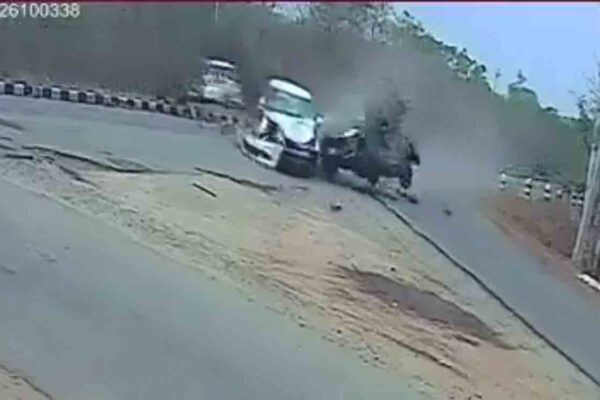 Watch: Four injured after car topples over divider and hits another car in Siddipet