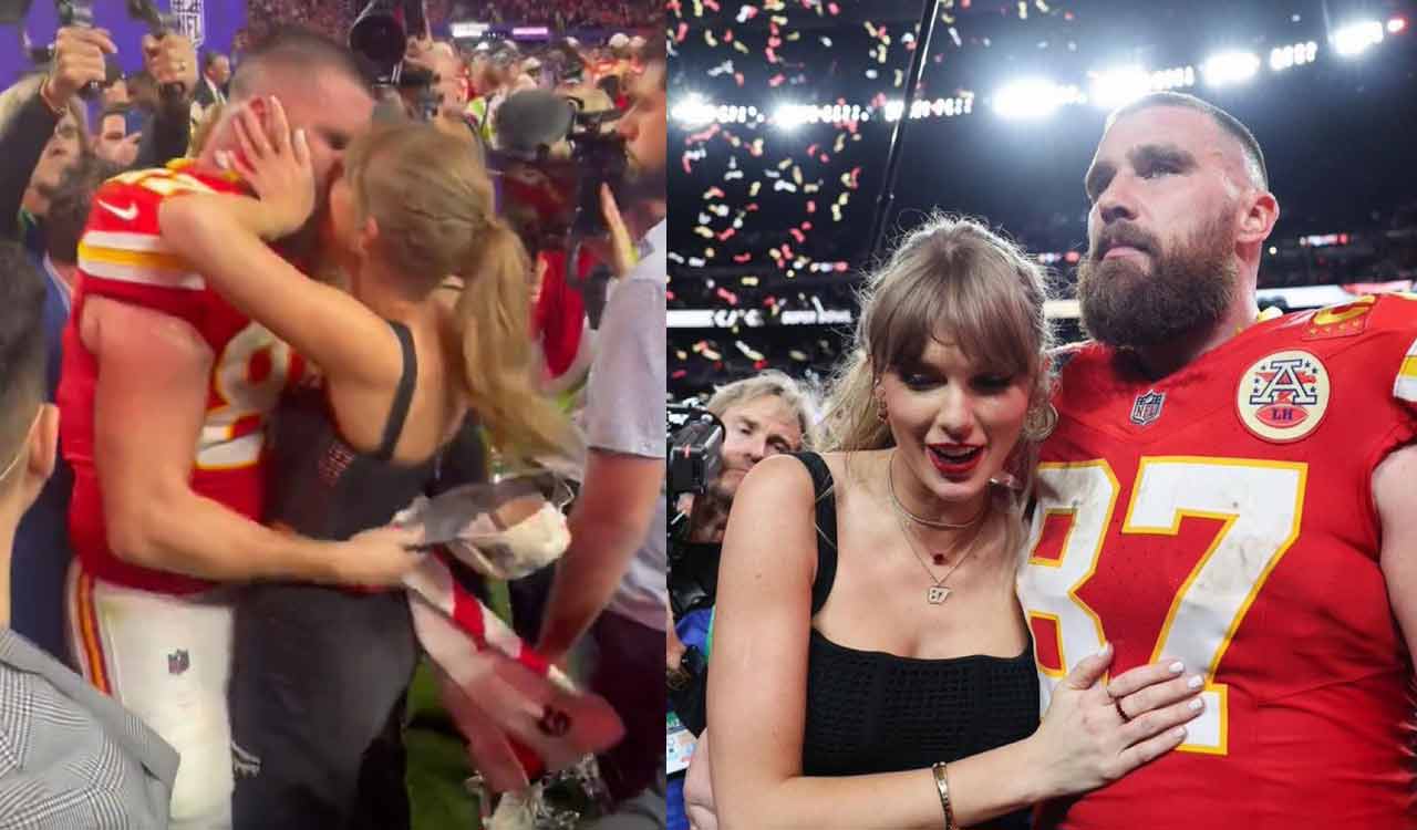 Taylor Swift, Travis Kelce share kiss after chiefs’ Super Bowl win