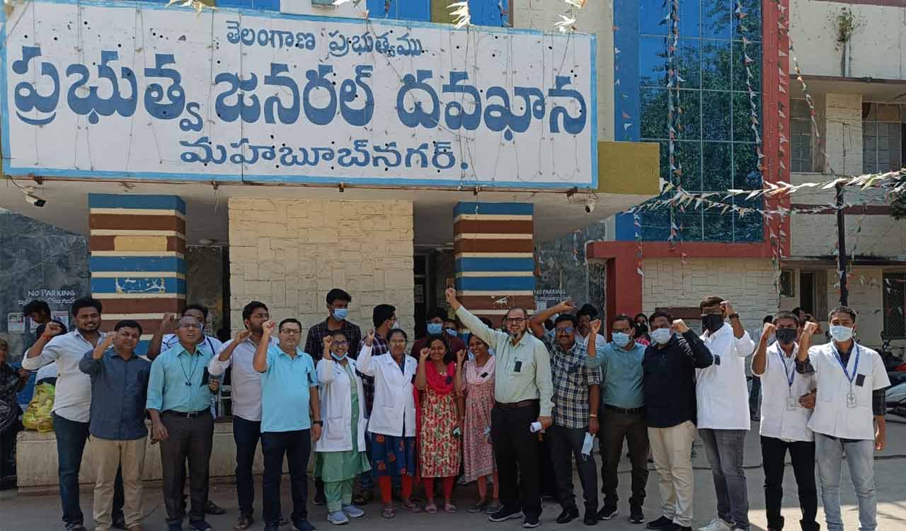 Telangana Government doctors protest suspensions over rat bite incident