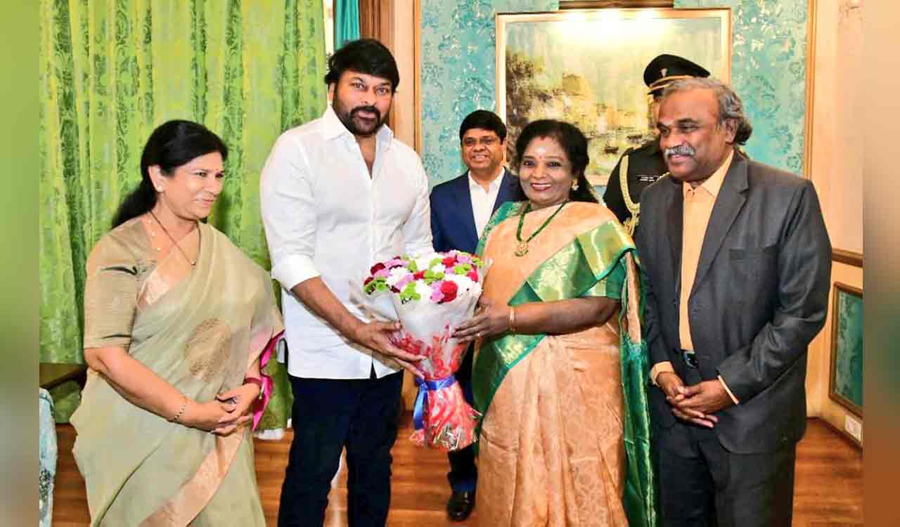 Telangana Governor Tamilisai Soundararajan felicitates Chiranjeevi at Raj Bhavan