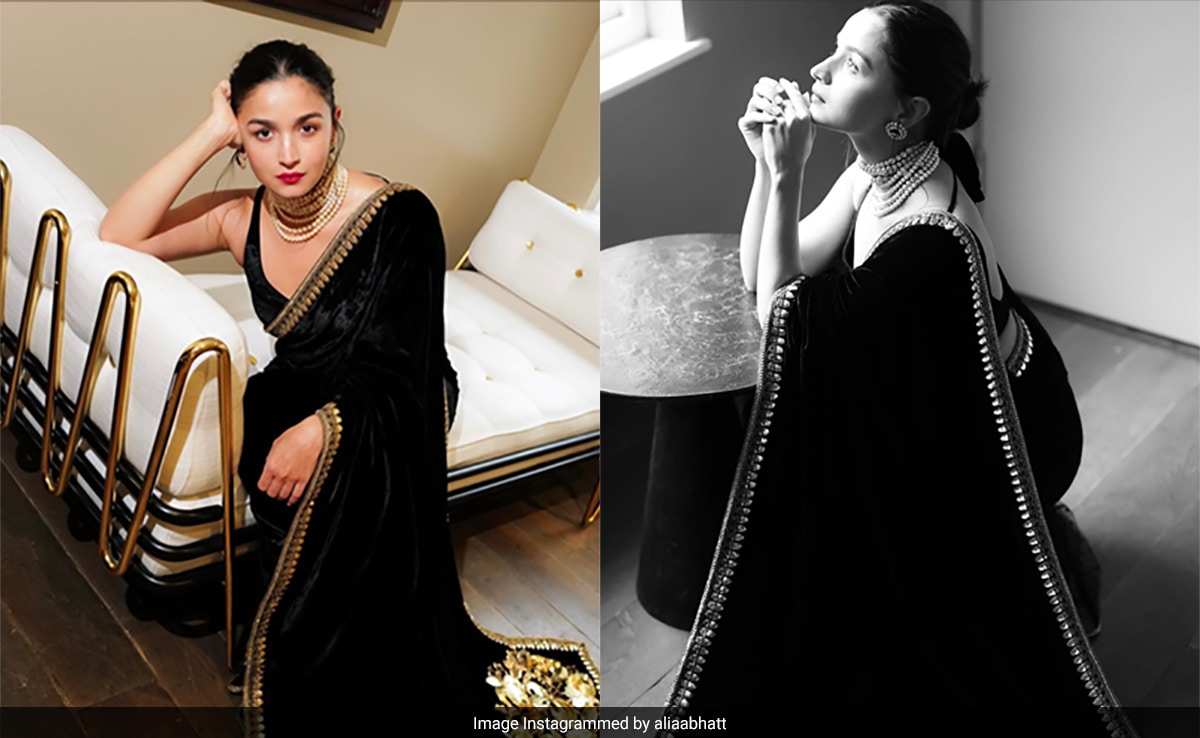 Alia Bhatt Takes London By Storm In Black Velvet Sabyasachi Saree For Poacher Screening