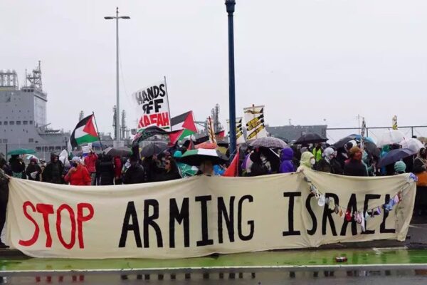 Pro-Palestine protesters chain themselves to US warship heading to Gaza