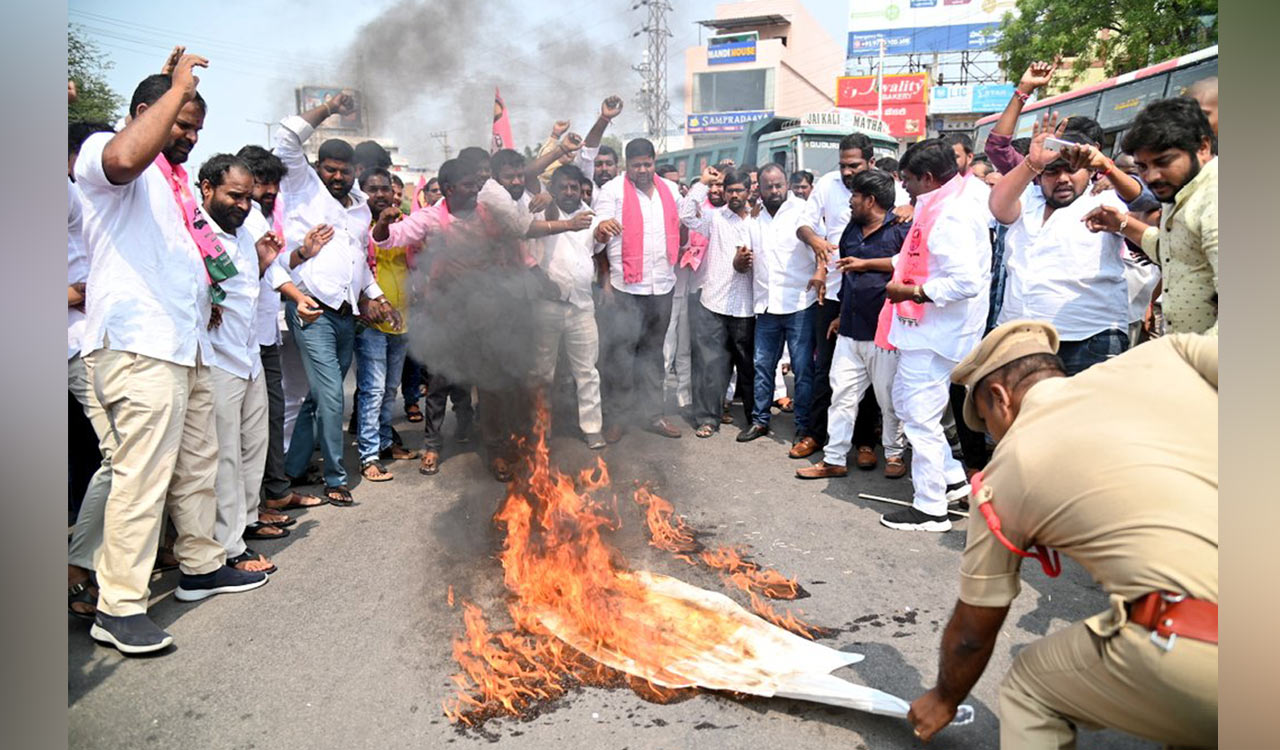 BRS leaders stage protests in Telangana over arrest of Kavitha