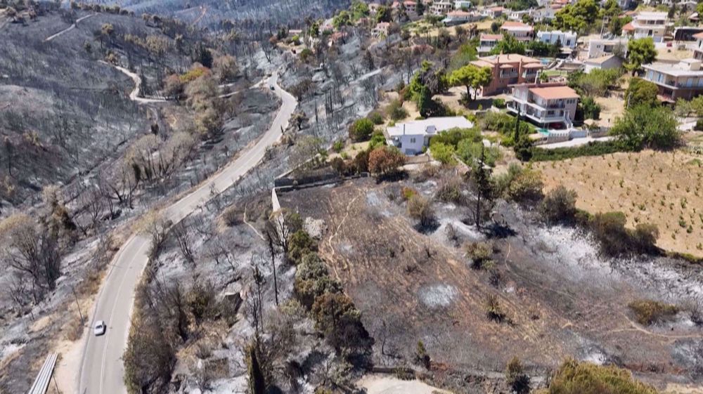 Aerial images of burned-out landscape after wildfires in Greece