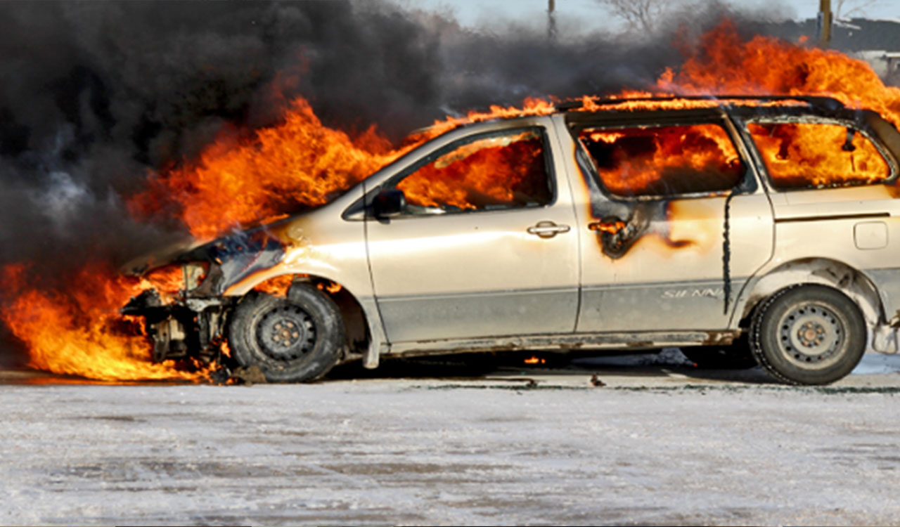 Hyderabad: Car catches fire on Khairatabad Road, no casualties reported