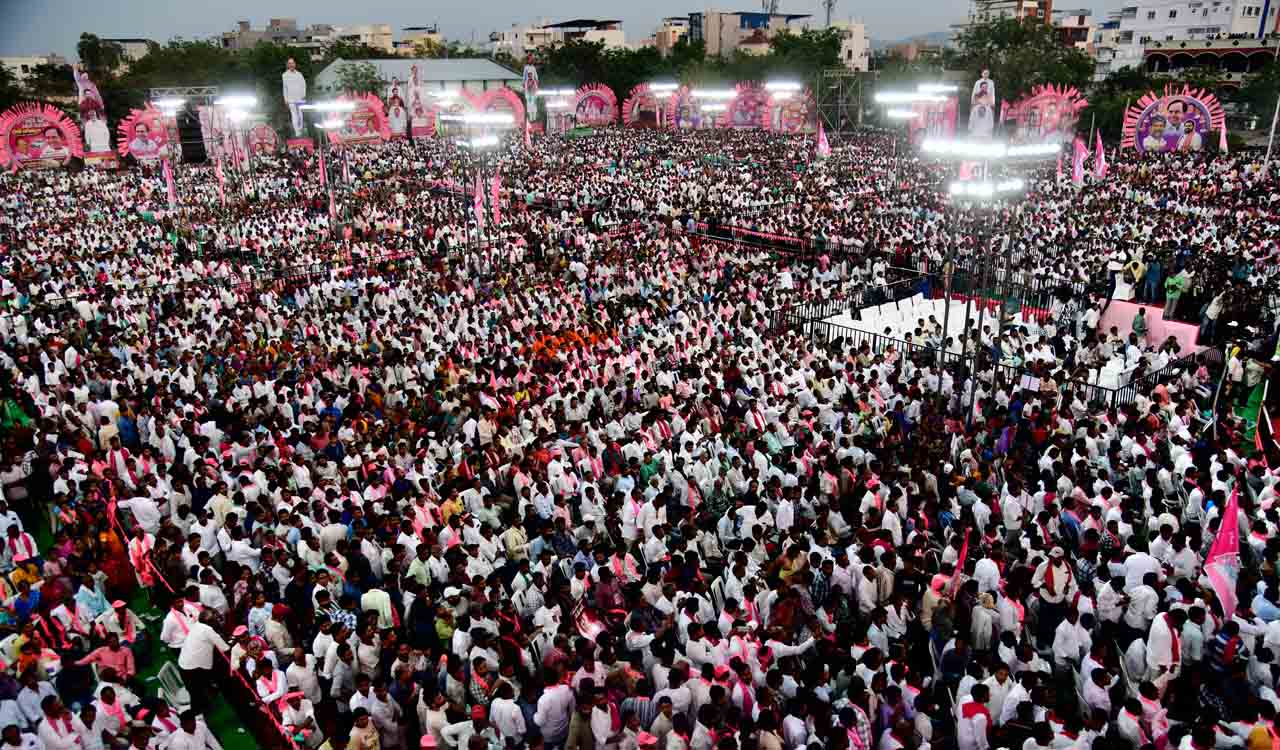 BRS flexis, banners flood Jagtial as Praja Ashirvada Sabha draws huge crowd