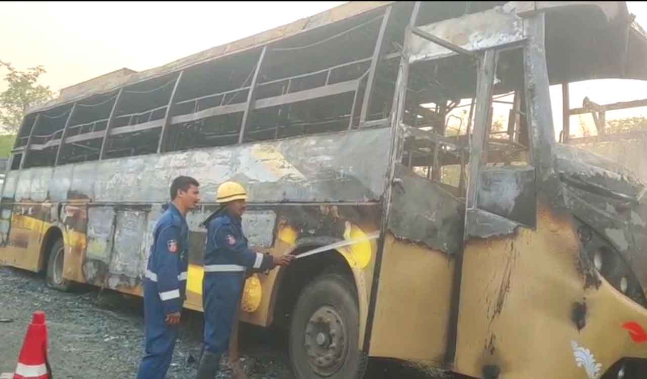 Private travel bus gutted in engine fire on NH-44 near Medak; driver, cleaner escape safely