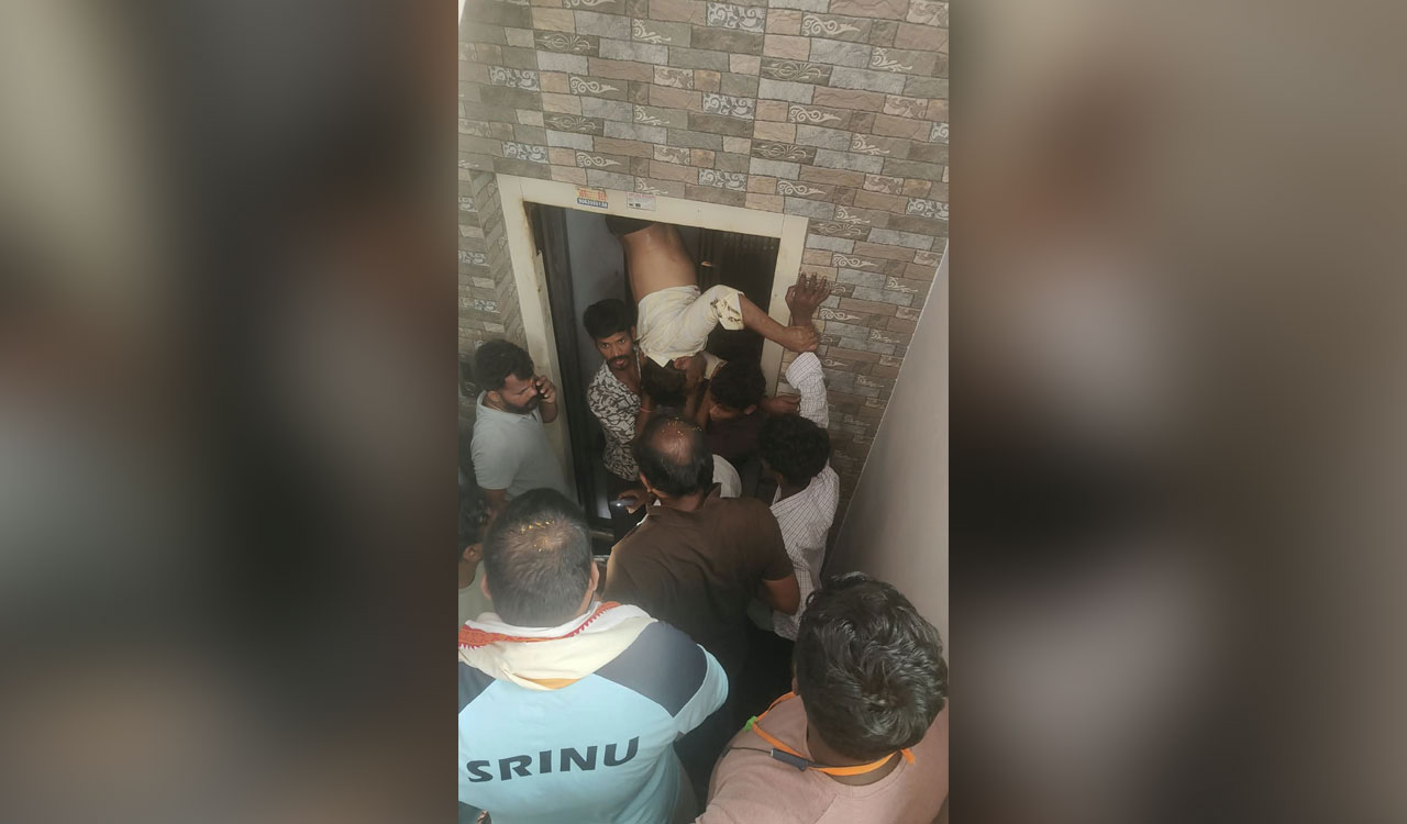 Hydraa DRF rescues man trapped between lift and wall in Moosapet